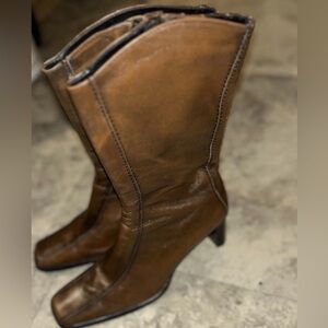 Vtg Y2K Brown Leather Square Toe Mid Calf Boots 7.5 M Made in Brazil Block Heel